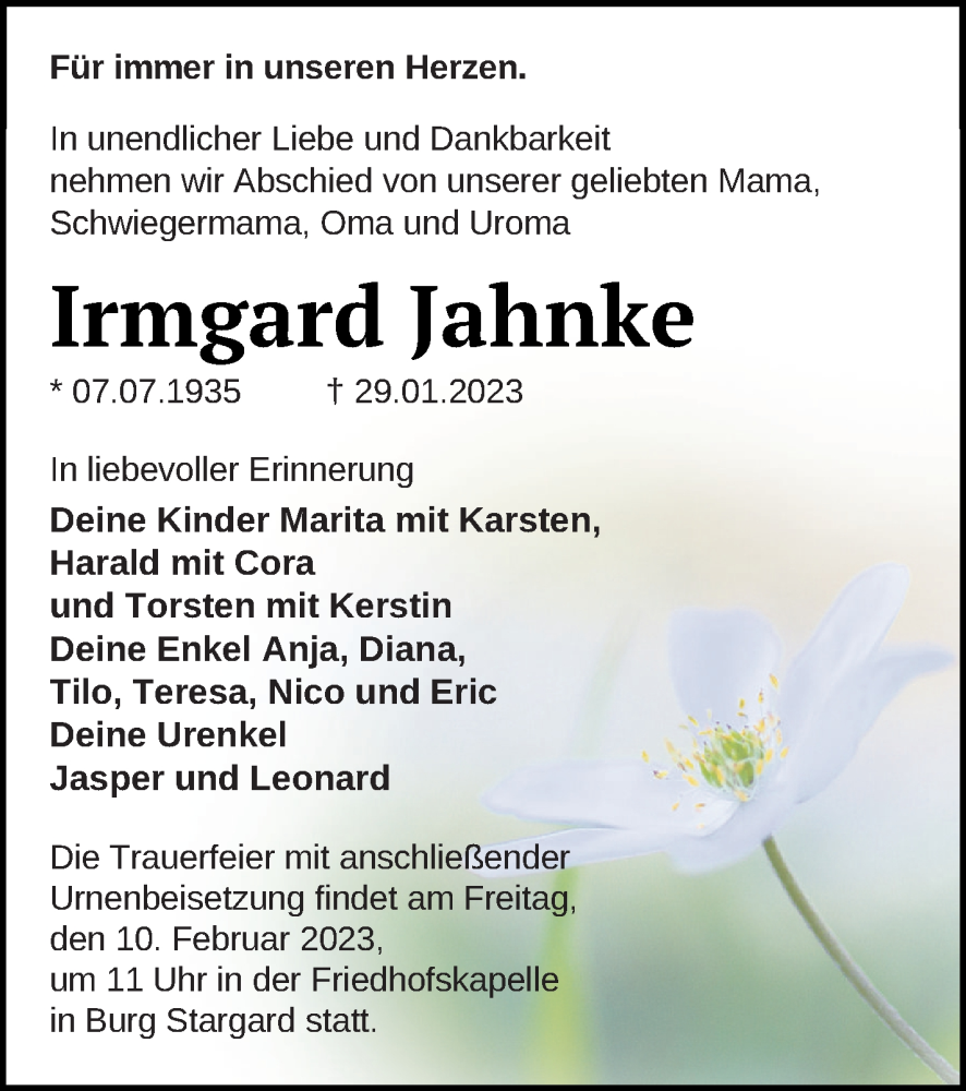  Traueranzeige für Irmgard Jahnke vom 04.02.2023 aus Neubrandenburger Zeitung