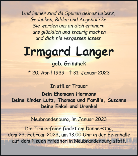 Traueranzeige von Irmgard Langer von Neubrandenburger Zeitung