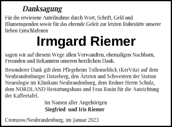 Traueranzeige von Irmgard Riemer von Neubrandenburger Zeitung