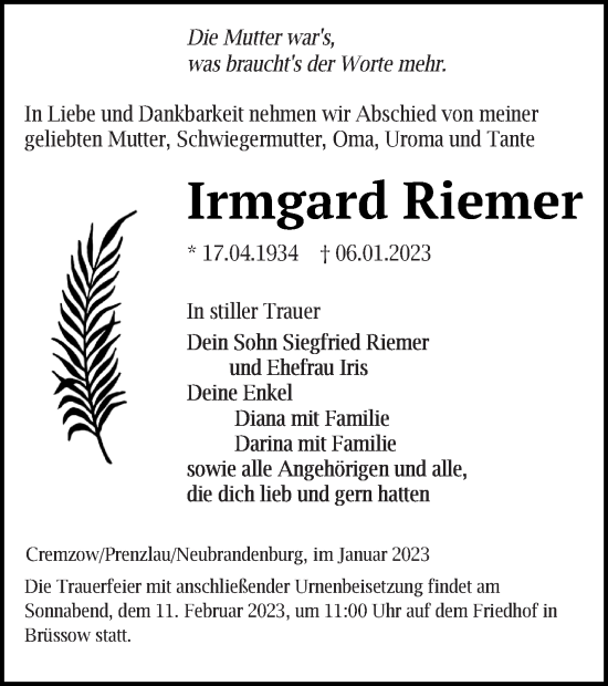 Traueranzeige von Irmgard Riemer von Neubrandenburger Zeitung