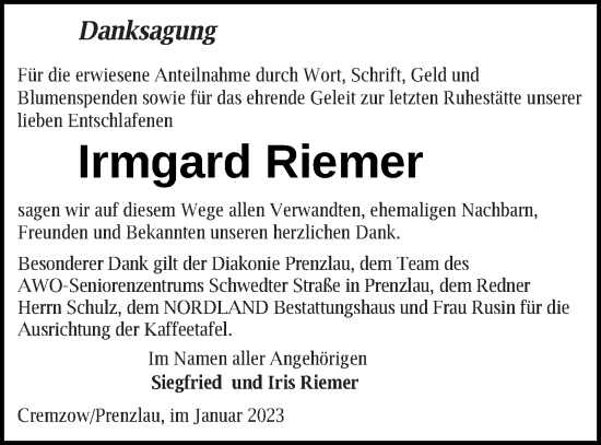 Traueranzeige von Irmgard Riemer von Prenzlauer Zeitung