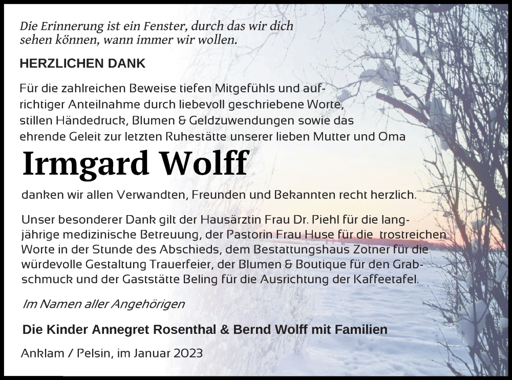  Traueranzeige für Irmgard Wolff vom 04.02.2023 aus Vorpommern Kurier