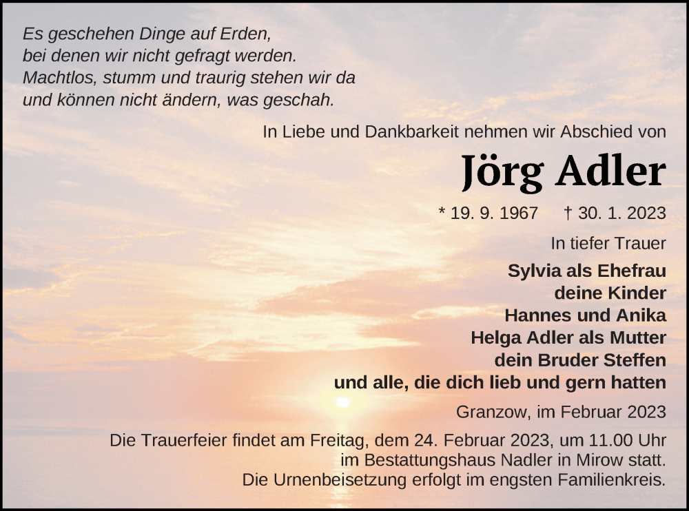  Traueranzeige für Jörg Adler vom 03.02.2023 aus Strelitzer Zeitung