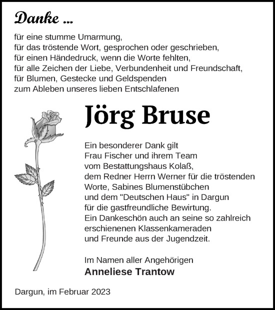 Traueranzeige von Jörg Bruse von Mecklenburger Schweiz