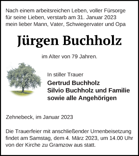 Traueranzeige von Jürgen Buchholz von Prenzlauer Zeitung