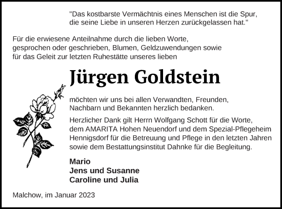 Traueranzeige von Jürgen Goldstein von Müritz-Zeitung