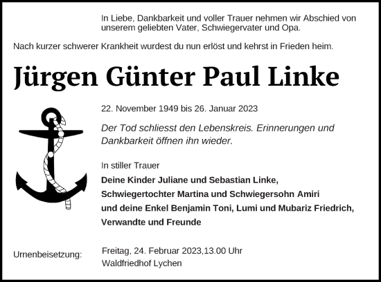 Traueranzeige von Jürgen Günter Paul Linke von Templiner Zeitung