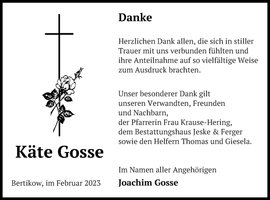 Traueranzeige von Käte Gosse von Prenzlauer Zeitung