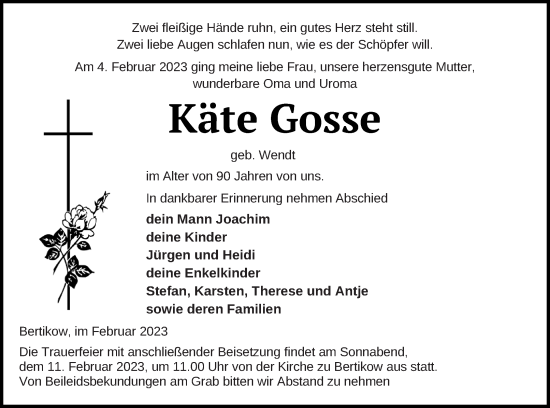 Traueranzeige von Käte Gosse von Prenzlauer Zeitung