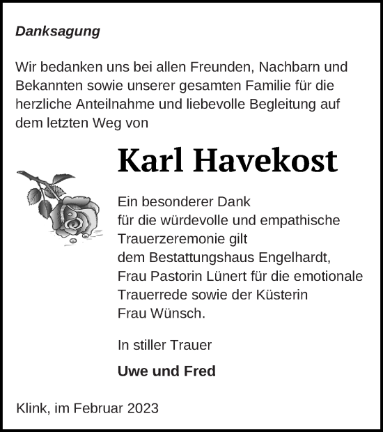 Traueranzeige von Karl Havekost von Müritz-Zeitung