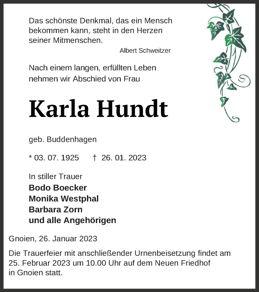  Traueranzeige für Karla Hundt vom 10.02.2023 aus Mecklenburger Schweiz