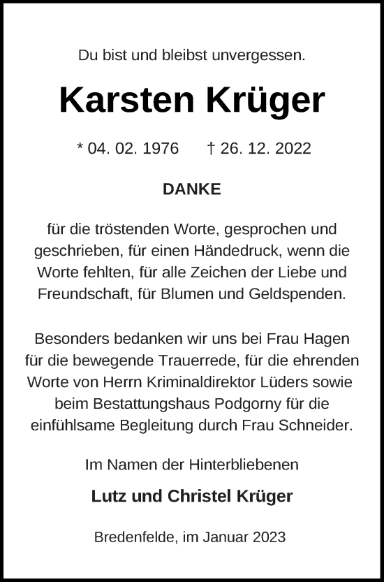 Traueranzeige von Karsten Krüger von Neubrandenburger Zeitung