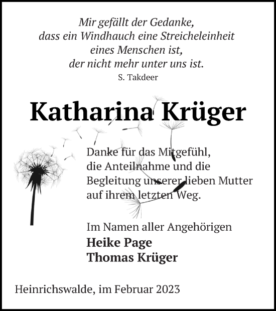 Traueranzeige von Katharina Krüger von Haff-Zeitung