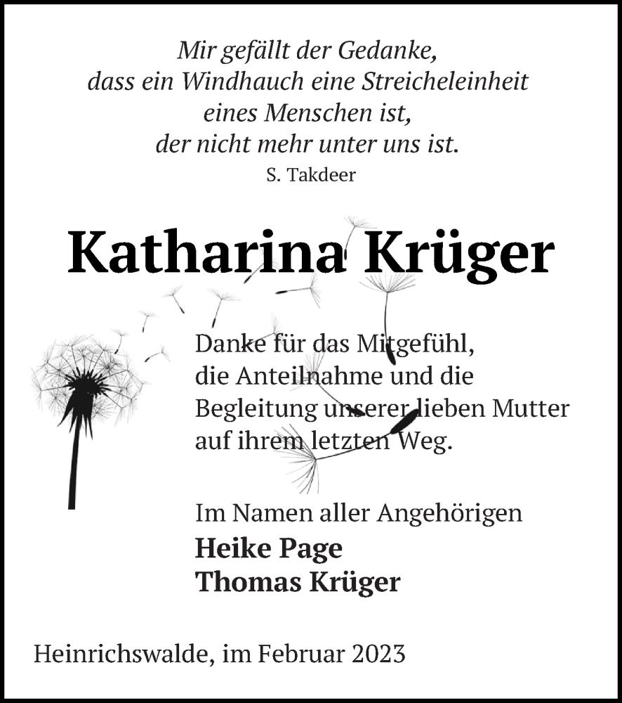  Traueranzeige für Katharina Krüger vom 03.02.2023 aus Haff-Zeitung