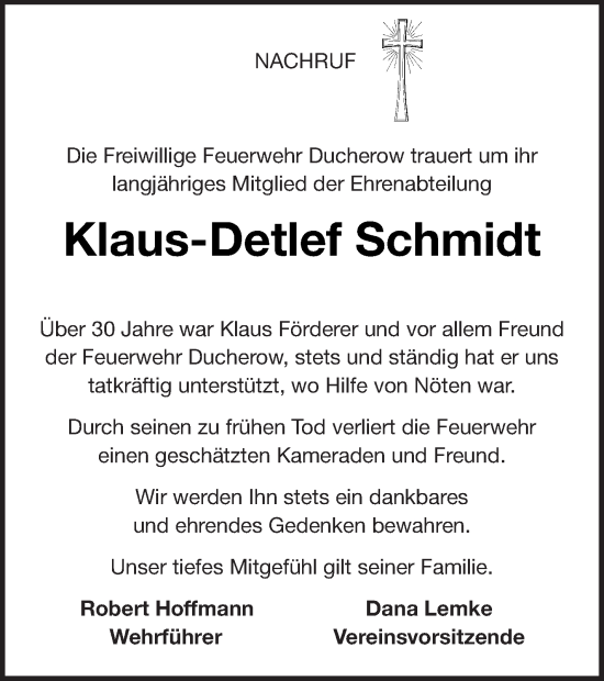 Traueranzeige von Klaus-Detlef Schmidt von Vorpommern Kurier