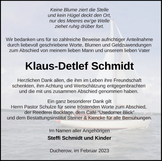 Traueranzeige von Klaus-Detlef Schmidt von Vorpommern Kurier