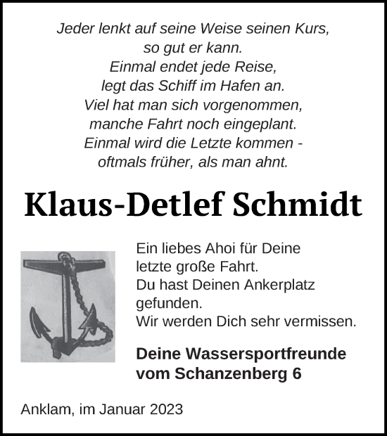 Traueranzeige von Klaus-Detlef Schmidt von Vorpommern Kurier