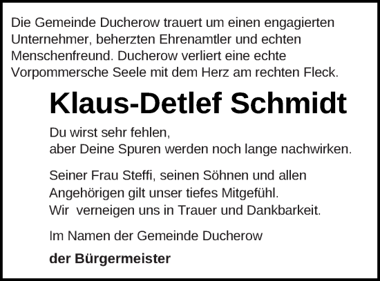 Traueranzeige von Klaus-Detlef Schmidt von Vorpommern Kurier