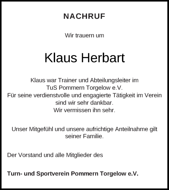 Traueranzeige von Klaus Herbart von Haff-Zeitung