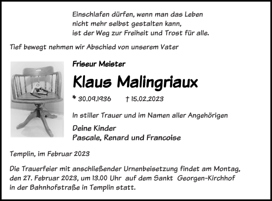 Traueranzeige von Klaus Malingriaux von Templiner Zeitung