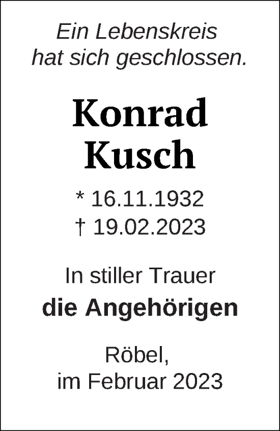 Traueranzeige von Konrad Kusch von Müritz-Zeitung