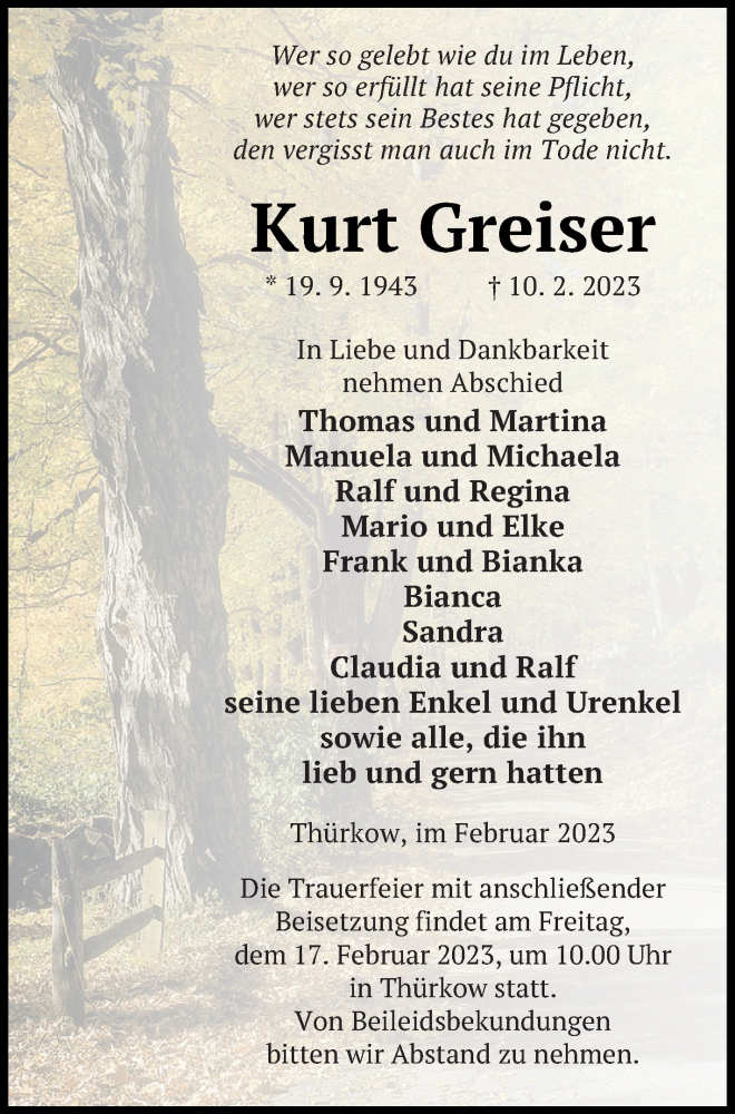  Traueranzeige für Kurt Greiser vom 15.02.2023 aus Mecklenburger Schweiz