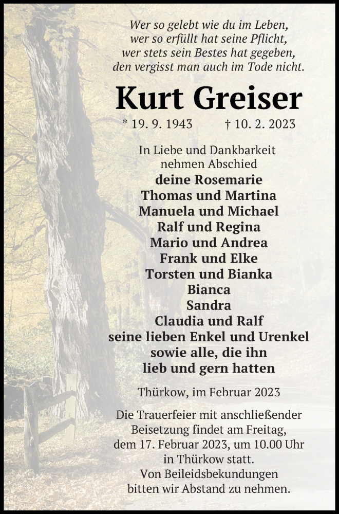  Traueranzeige für Kurt Greiser vom 16.02.2023 aus Mecklenburger Schweiz