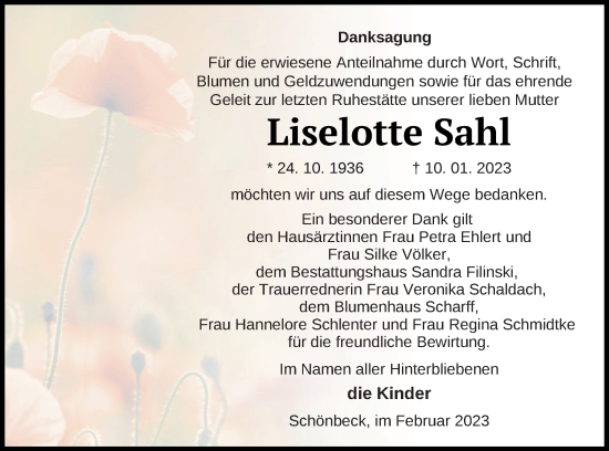 Traueranzeige von Liselotte Sahl von Strelitzer Zeitung