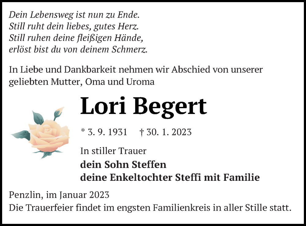  Traueranzeige für Lori Begert vom 04.02.2023 aus Müritz-Zeitung