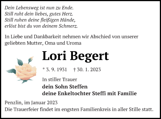 Traueranzeige von Lori Begert von Müritz-Zeitung