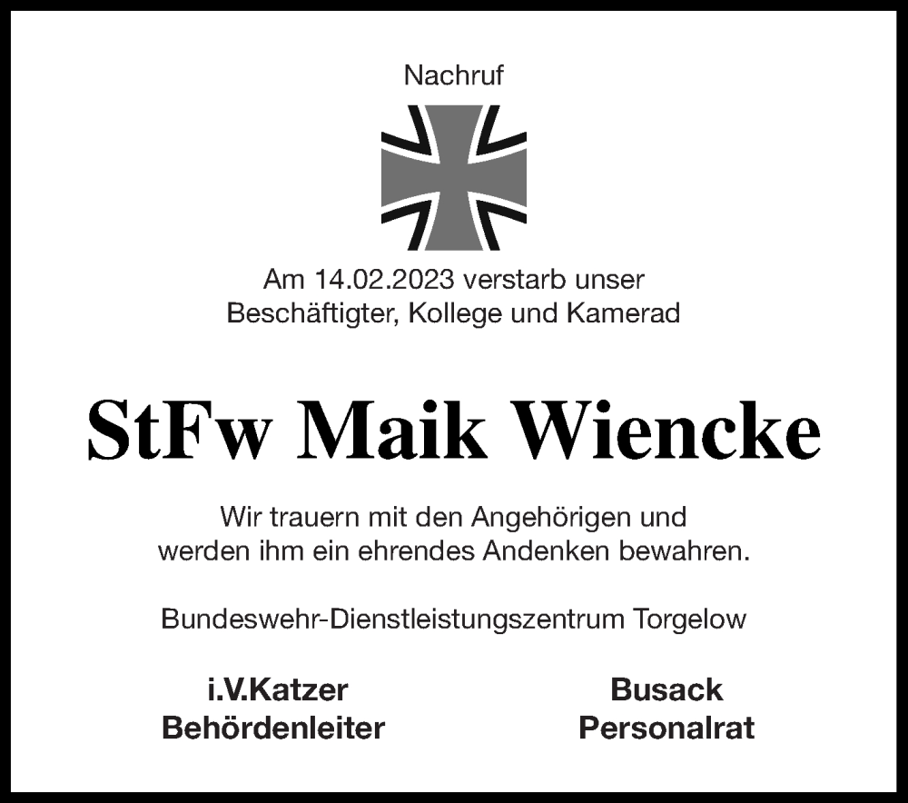  Traueranzeige für Maik Wiencke vom 25.02.2023 aus Müritz-Zeitung