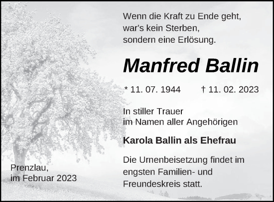 Traueranzeige von Manfred Ballin von Prenzlauer Zeitung