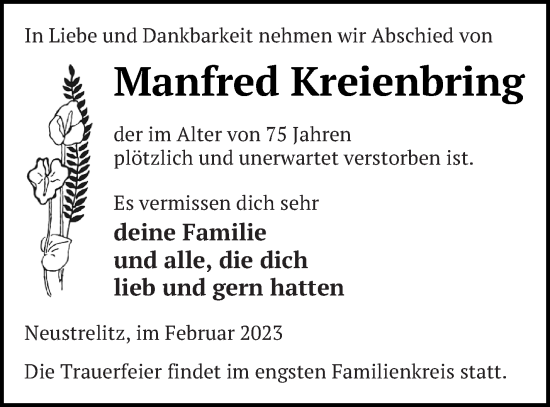 Traueranzeige von Manfred Kreienbring von Strelitzer Zeitung