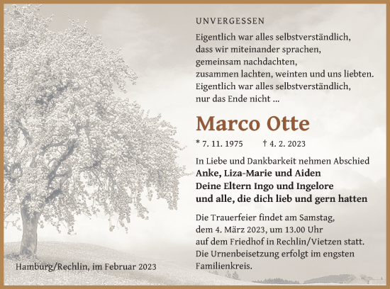 Traueranzeige von Marco Otte von Müritz-Zeitung