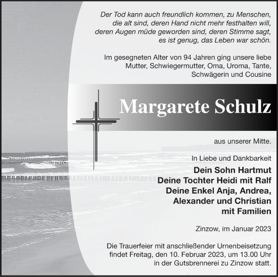 Traueranzeige von Margarete Schulz von Vorpommern Kurier