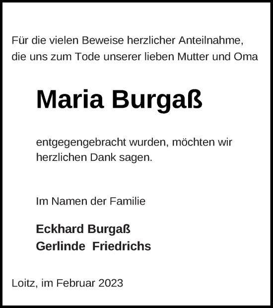 Traueranzeige von Maria Burgaß von Vorpommern Kurier