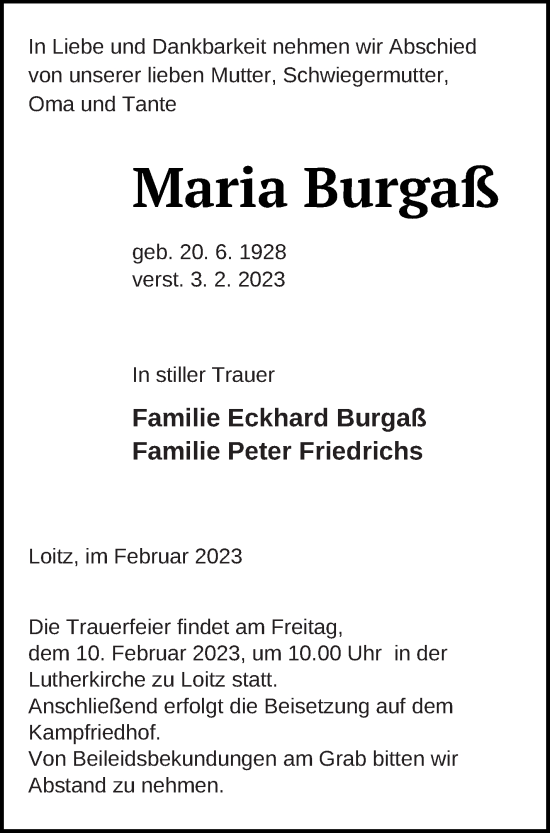 Traueranzeige von Maria Burgaß von Vorpommern Kurier