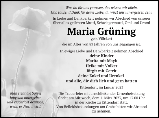 Traueranzeige von Maria Grüning von Mecklenburger Schweiz