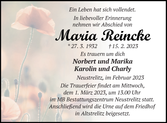 Traueranzeige von Maria Reincke von Strelitzer Zeitung