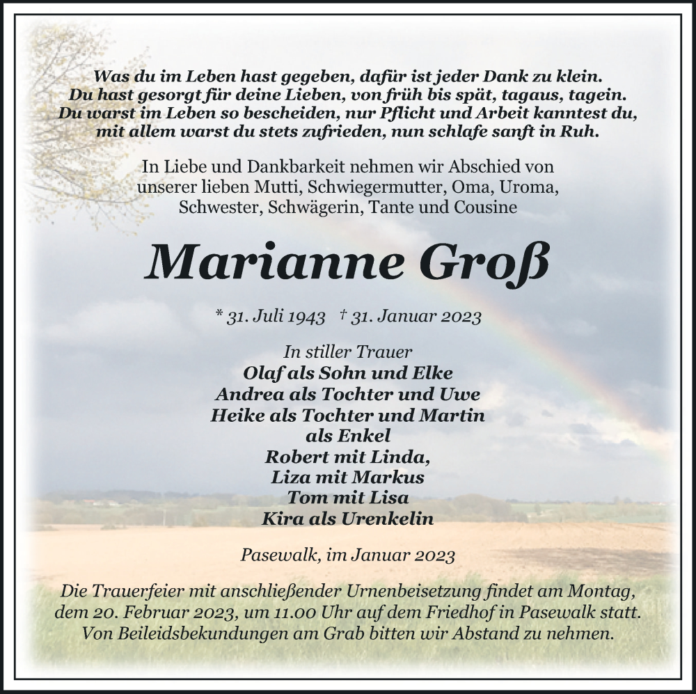  Traueranzeige für Marianne Groß vom 03.02.2023 aus Pasewalker Zeitung
