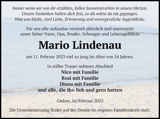 Traueranzeige von Mario Lindenau von Mecklenburger Schweiz