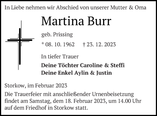 Traueranzeige von Martina Burr von Pasewalker Zeitung