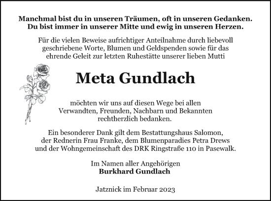 Traueranzeige von Meta Gundlach von Pasewalker Zeitung