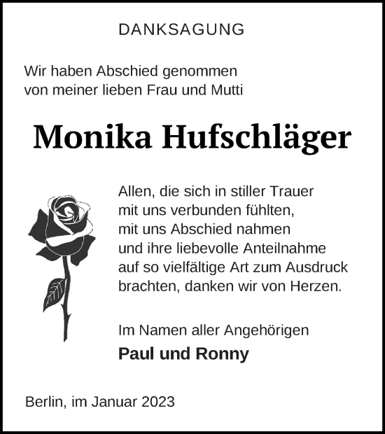 Traueranzeige von Monika Hufschläger von Strelitzer Zeitung