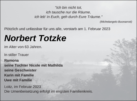 Traueranzeige von Norbert Totzke von Vorpommern Kurier