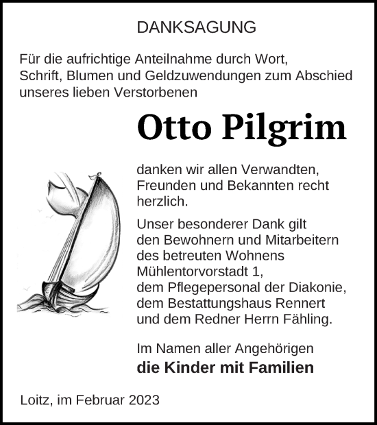 Traueranzeige von Otto Pilgrim von Vorpommern Kurier