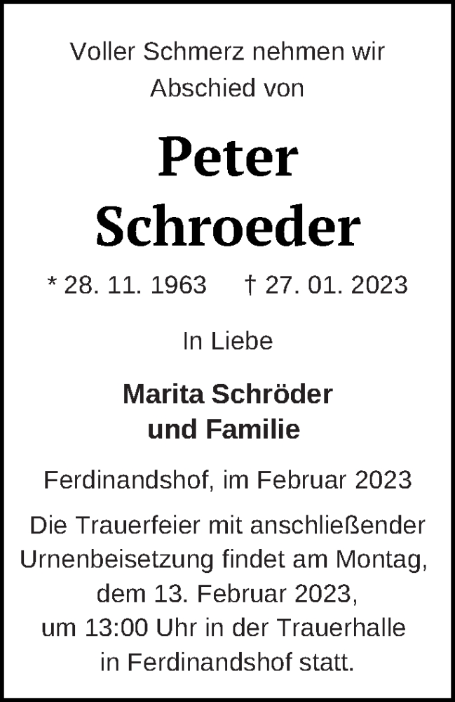  Traueranzeige für Peter Schroeder vom 04.02.2023 aus Haff-Zeitung