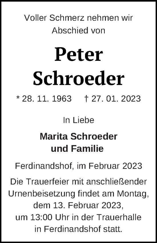 Traueranzeige von Peter Schroeder von Haff-Zeitung