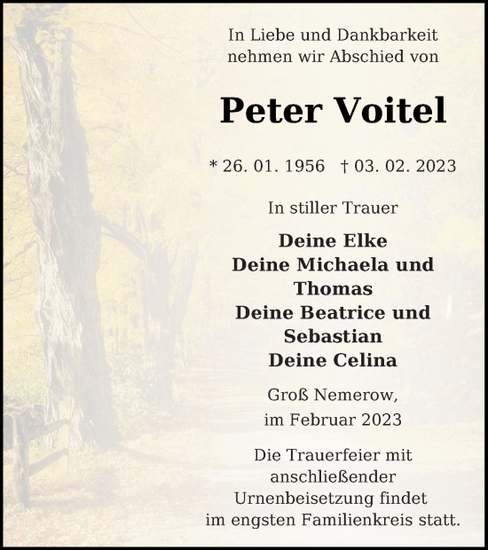 Traueranzeige von Peter Voitel von Neubrandenburger Zeitung