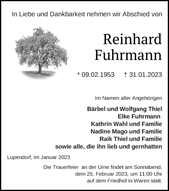 Traueranzeige von Reinhard Fuhrmann von Müritz-Zeitung